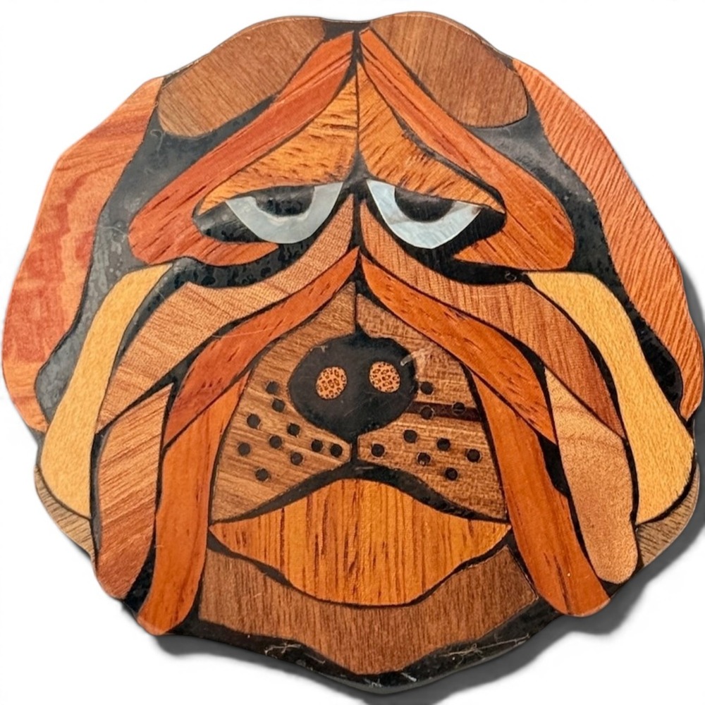 Vintage Artisan Shar-Pei Dog Face Inlay Intarsia Wood Buckle Belt Folk Art Retro